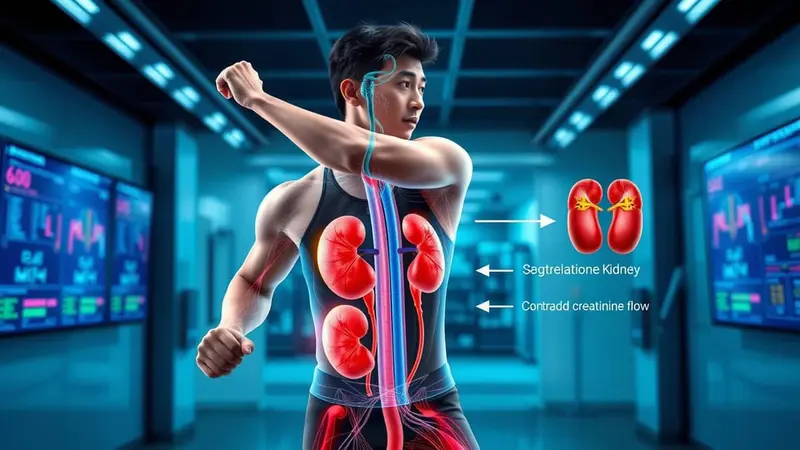 Ilustrasi pria berolahraga dengan organ ginjal dan alur kreatin tubuh terlihat.