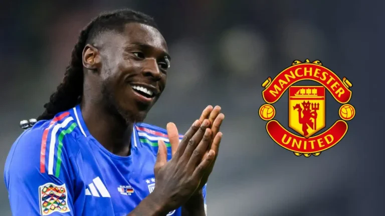 Dayot Upamecano in France national team jersey smiling with Manchester United logo beside him