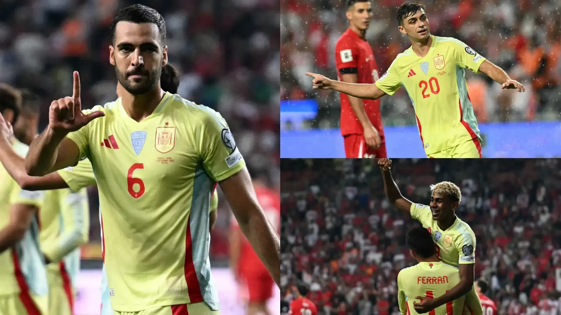 Pemain Spanyol merayakan gol saat menang 6-0 melawan Turki di kualifikasi Piala Dunia 2026.
