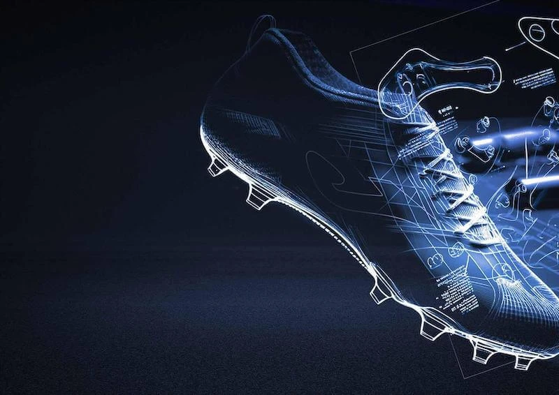 Desain digital sepatu bola Joma dengan ilustrasi teknologi modern dan blueprint 3D 