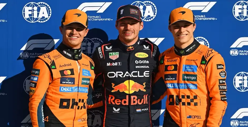 Lando Norris, Max Verstappen, dan Oscar Piastri rayakan hasil balapan F1 Monza 2025