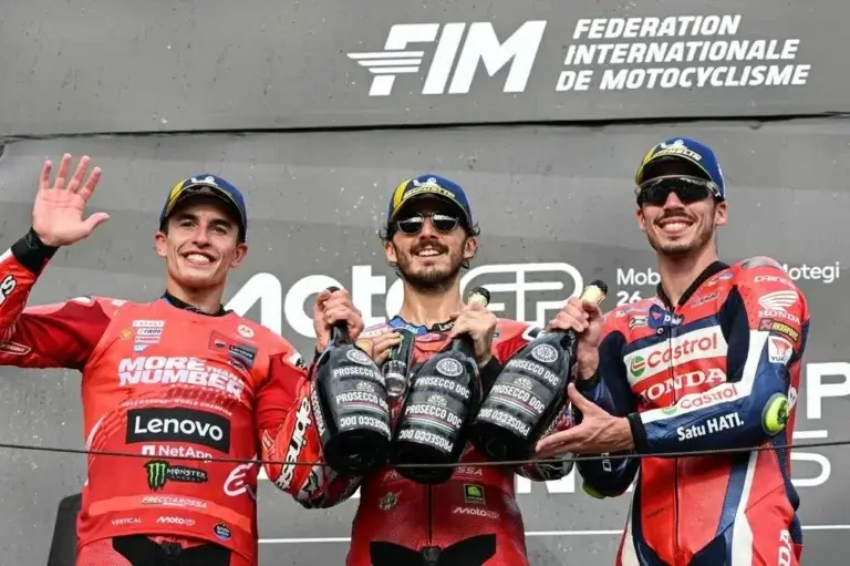 Podium MotoGP Jepang 2025: Marc Marquez, Alex Marquez, dan Joan Mir merayakan kemenangan