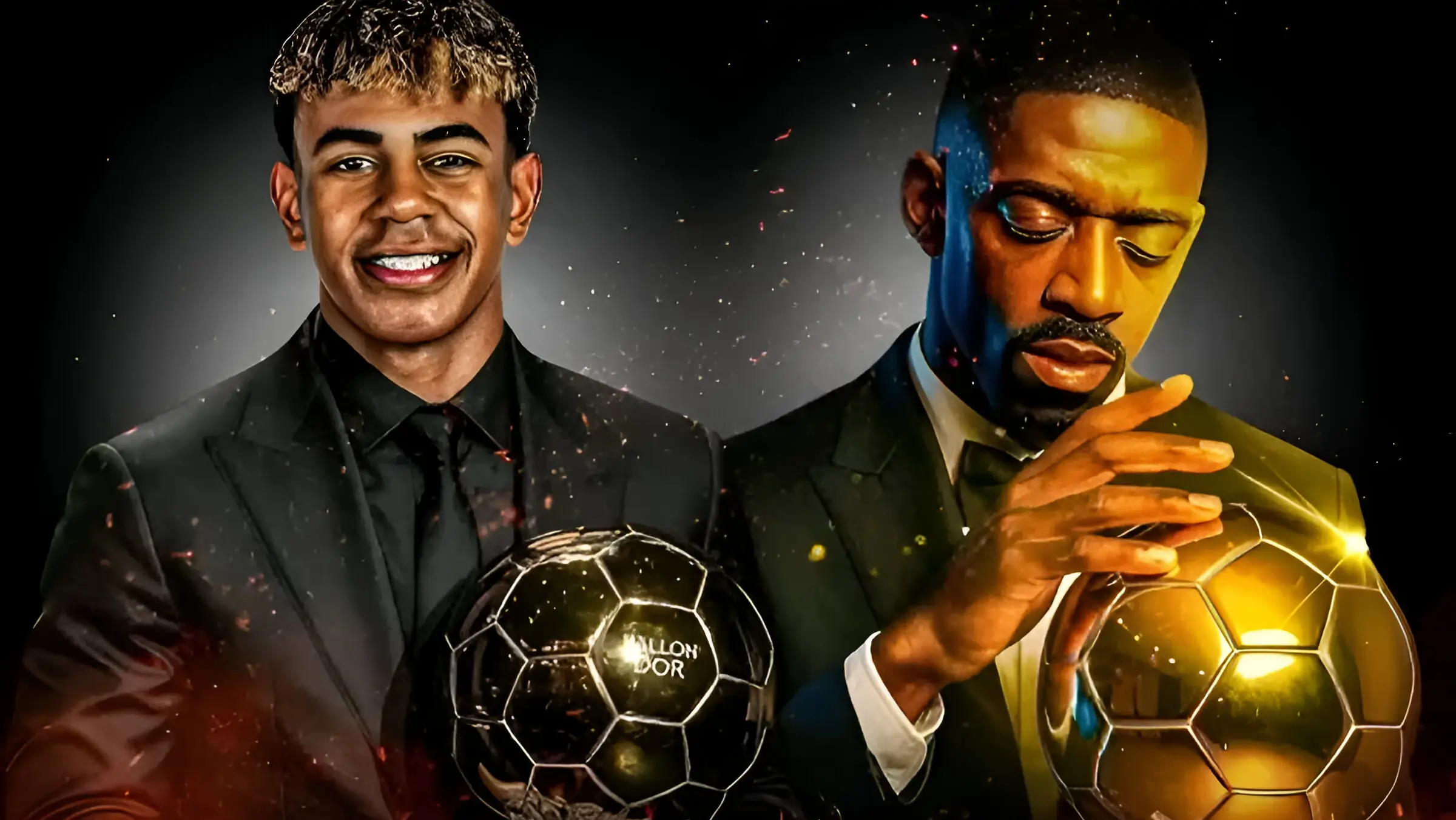 Bintang muda Barcelona, Lamine Yamal, dan pemain PSG, Ousmane Dembélé, mengenakan setelan jas sambil memegang trofi Ballon d’Or, dikaitkan dengan klaim bocoran pemenang 2025.