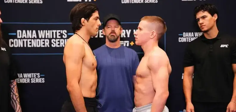 Adrian Luna Martinetti dan Mark Vologdin berhadapan dalam sesi face-off Dana White’s Contender Series 2025 Week 9 di Las Vegas