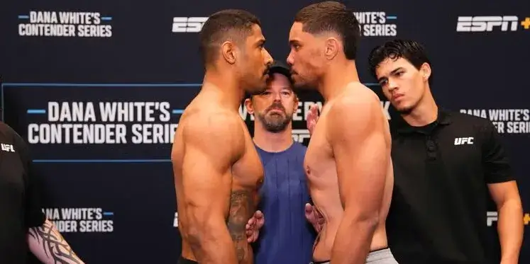 Donavon Hedrick dan Luis Felipe Dias berhadapan dalam sesi face-off Dana White’s Contender Series 2025 Week 9 di Las Vegas