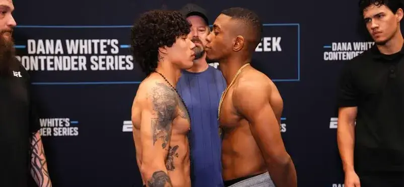 Imanol Rodriguez dan Roque Conceicao berhadapan dalam sesi face-off menjelang Dana White’s Contender Series 2025 Week 9 di Las Vegas