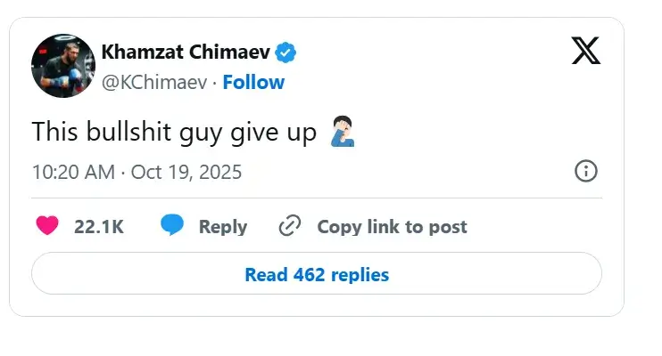 Khamzat Chimaev mengejek Reinier de Ridder melalui unggahan di X (Twitter) usai UFC Vancouver 