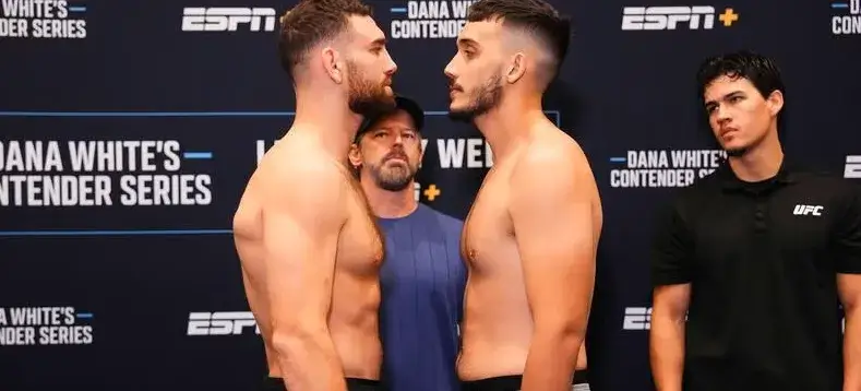 Luke Fernandez dan Rafael Pergentino berhadapan dalam sesi face-off Dana White’s Contender Series 2025 Week 9 di Las Vegas